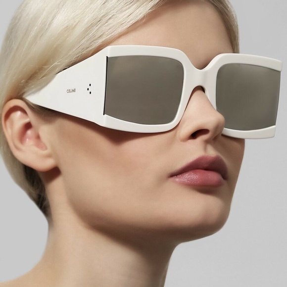 CELINE Oversized Square Acetate Sunglasses White Silver Mirror CL40084I - Picture 4 of 5